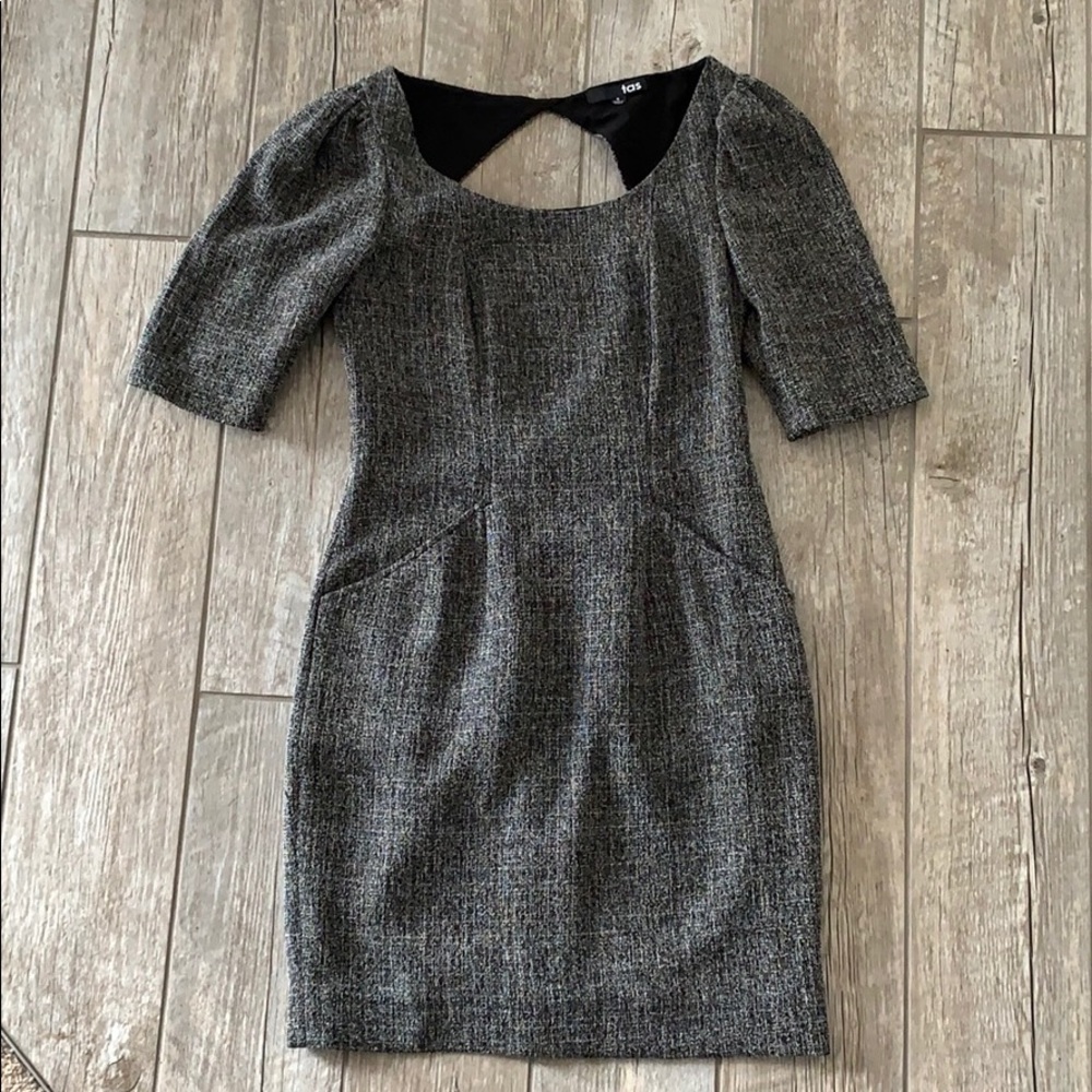 Pencil work dress tweed-like low back puff sleeve